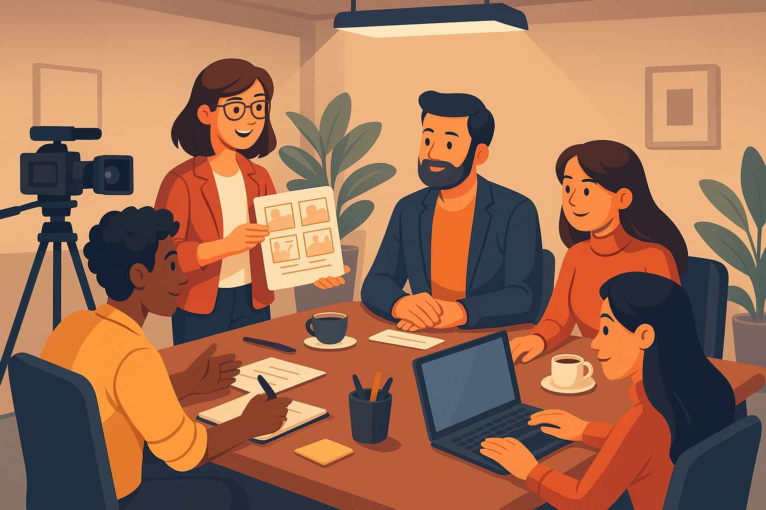 Cartoon illustration of a producer and client collaborating